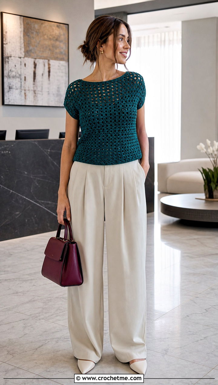 Crochet Vera Top With Wide Leg Trousers - 35 crochet vera top outfit ideas