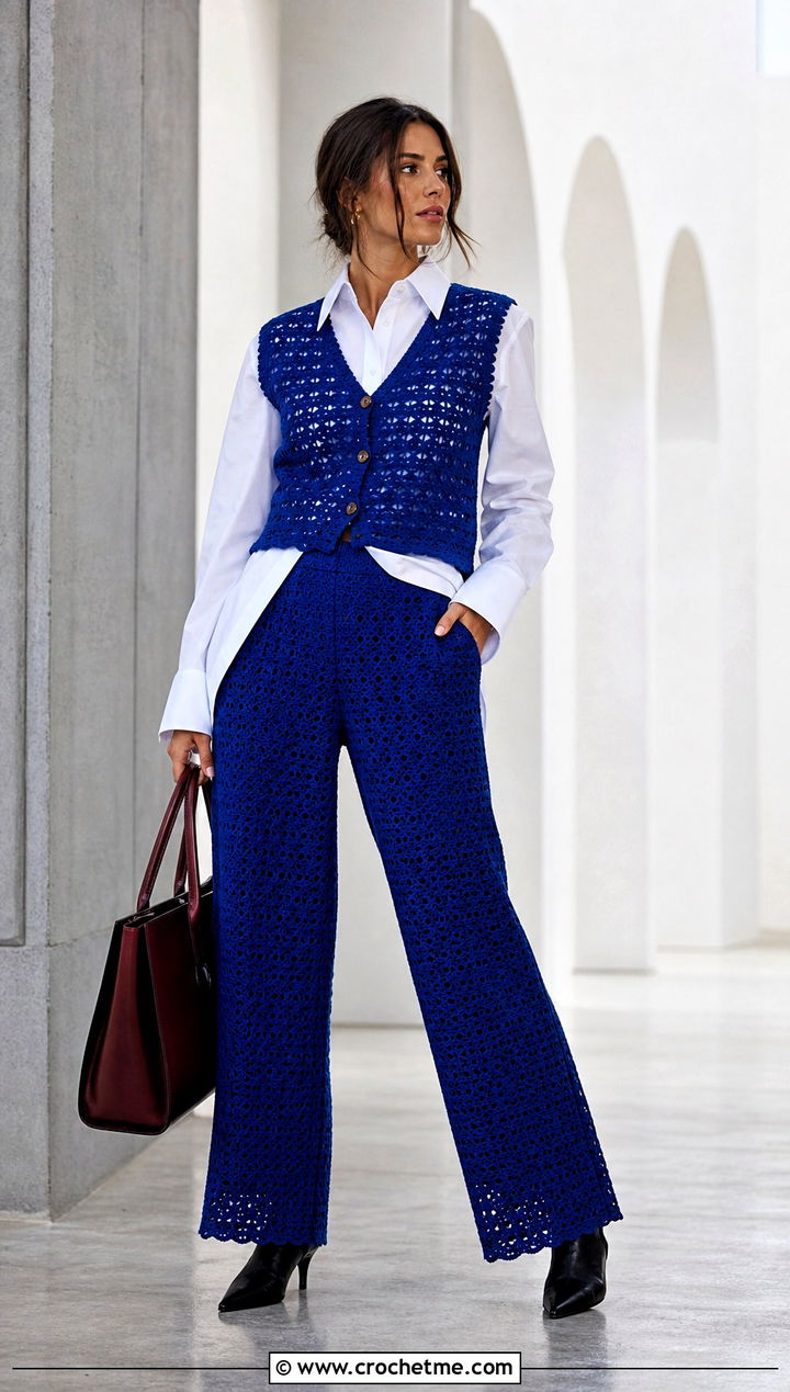 Crochet Vest And Wide Leg Pants Set With White Shirt - 15 Autumn Crochet Clothing Set outfit ideas