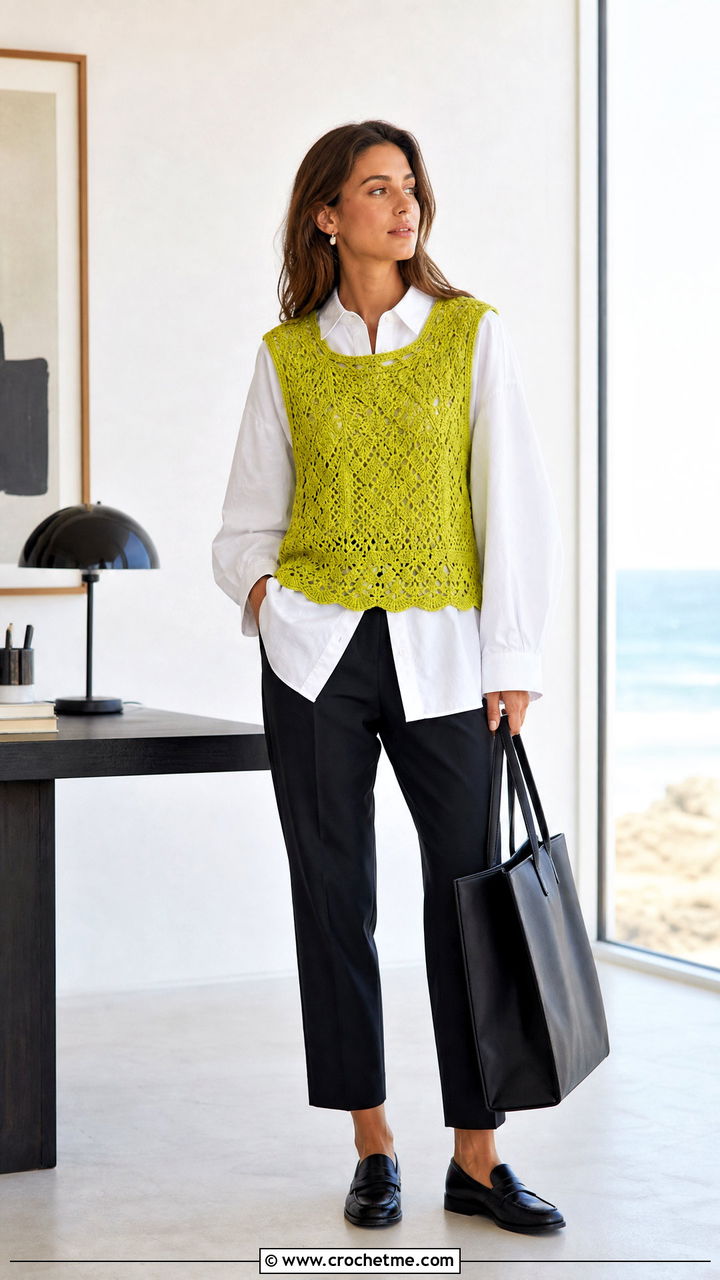 Crochet Vest Beach Top With Poplin Shirt - 35 crochet beach top outfit ideas