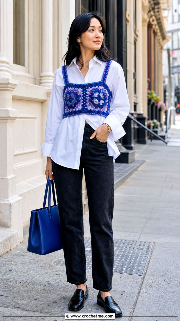Crochet Vest Belly Top With Button Down Shirt - 35 Belly Crochet Top outfit ideas