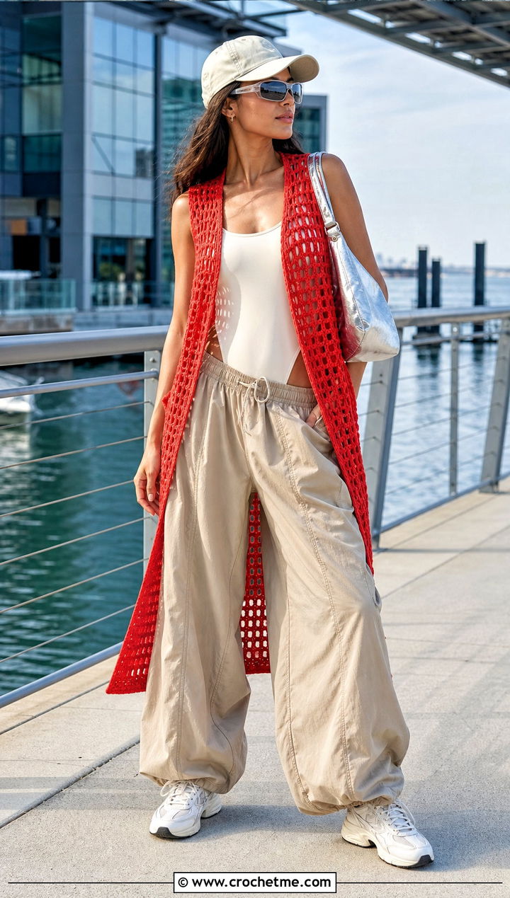 Crochet Vest Cover Up With One Piece And Parachute Pants - 35 crochet swimsuit cover up outfit ideas