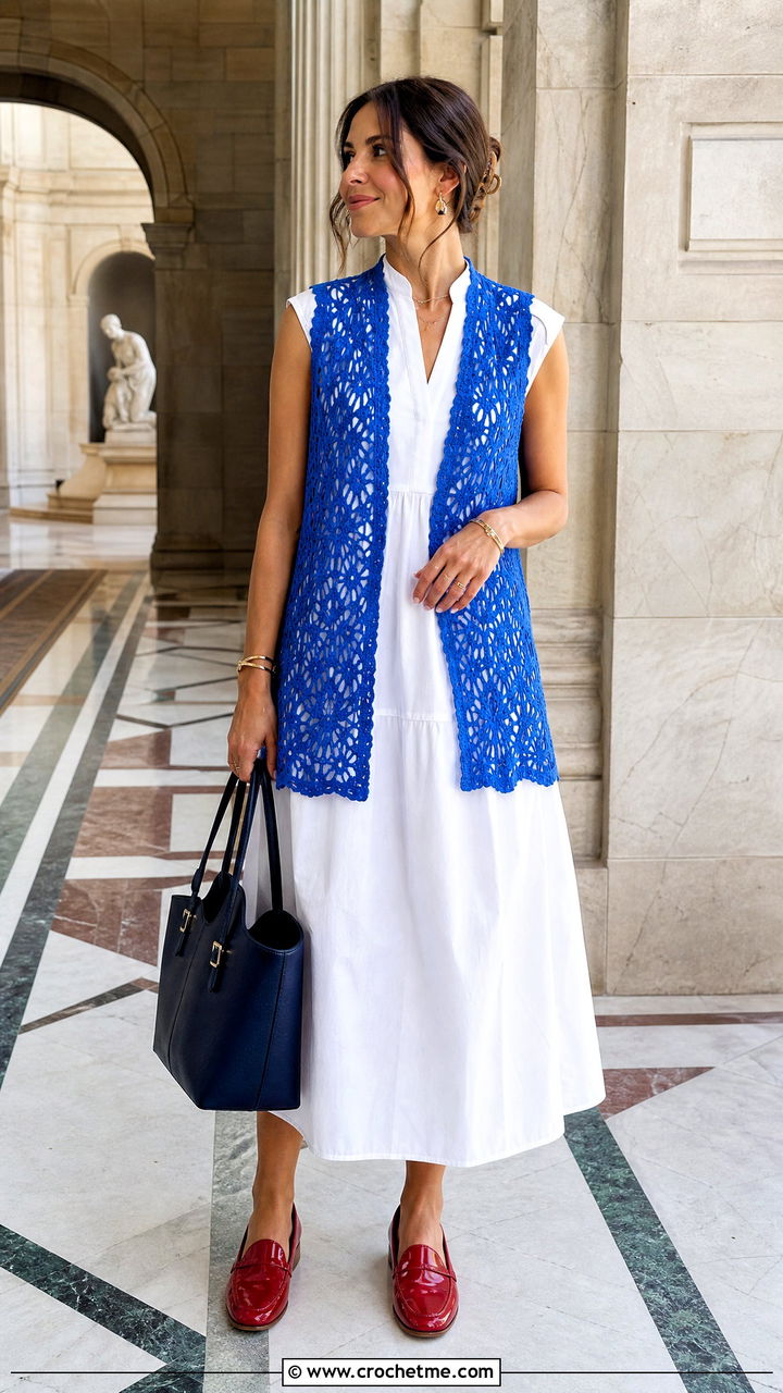 Crochet Vest Cover Up With Poplin Dress - 35 crochet cover up outfit ideas