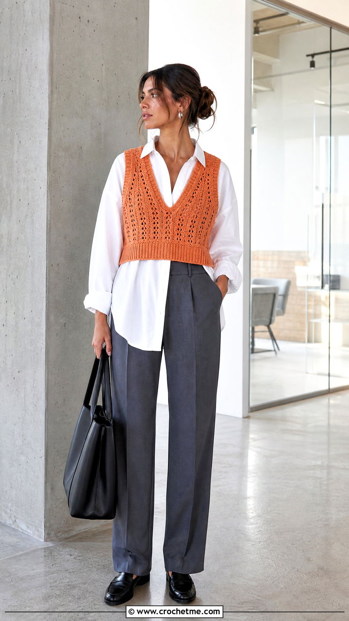 Crochet Vest Crop Top Over Button Down Shirt - 35 crochet crop top outfits ideas