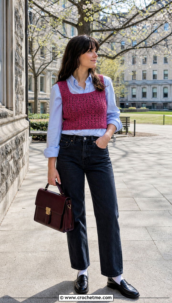 Crochet Vest Crop Top With Button Down Shirt And Jeans - 20 Crochet Clothes Crop Top outfit ideas