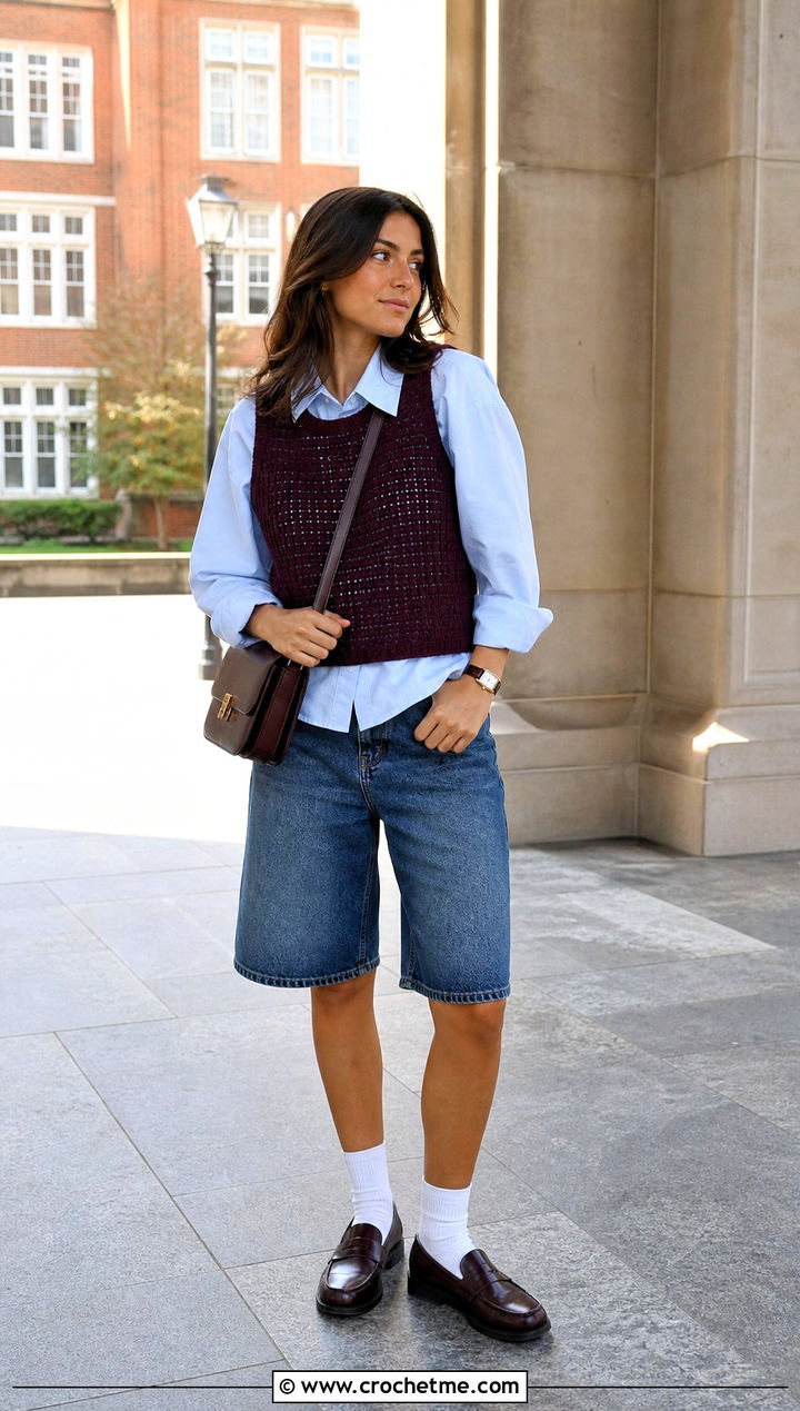 Crochet Vest Crop Top With Loose Denim Shorts And Button Down Shirt - 15 Crochet Crop Top With Denim Shorts outfit ideas