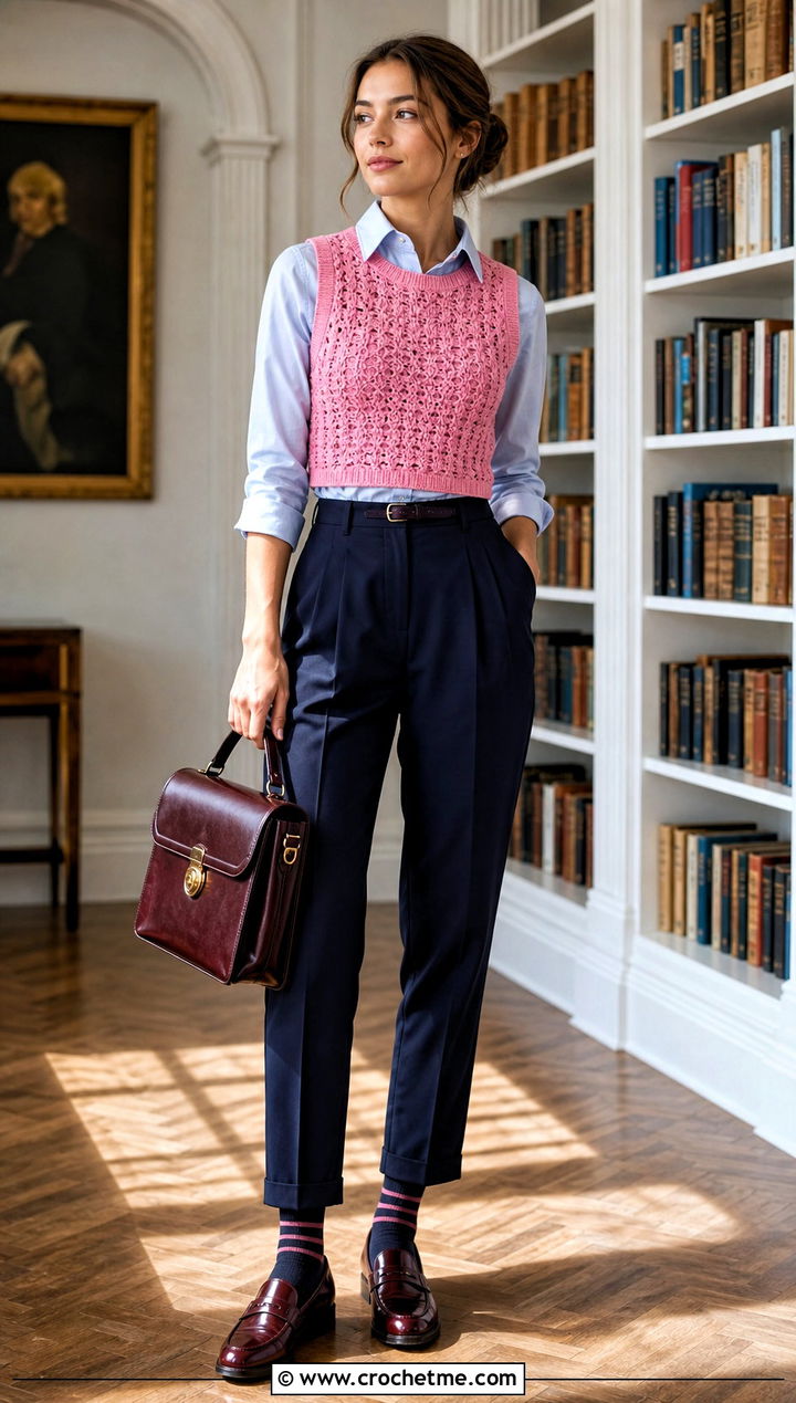 Crochet Vest Crop Top With Pleated Trousers - 15 crochet knitted crop top outfit ideas