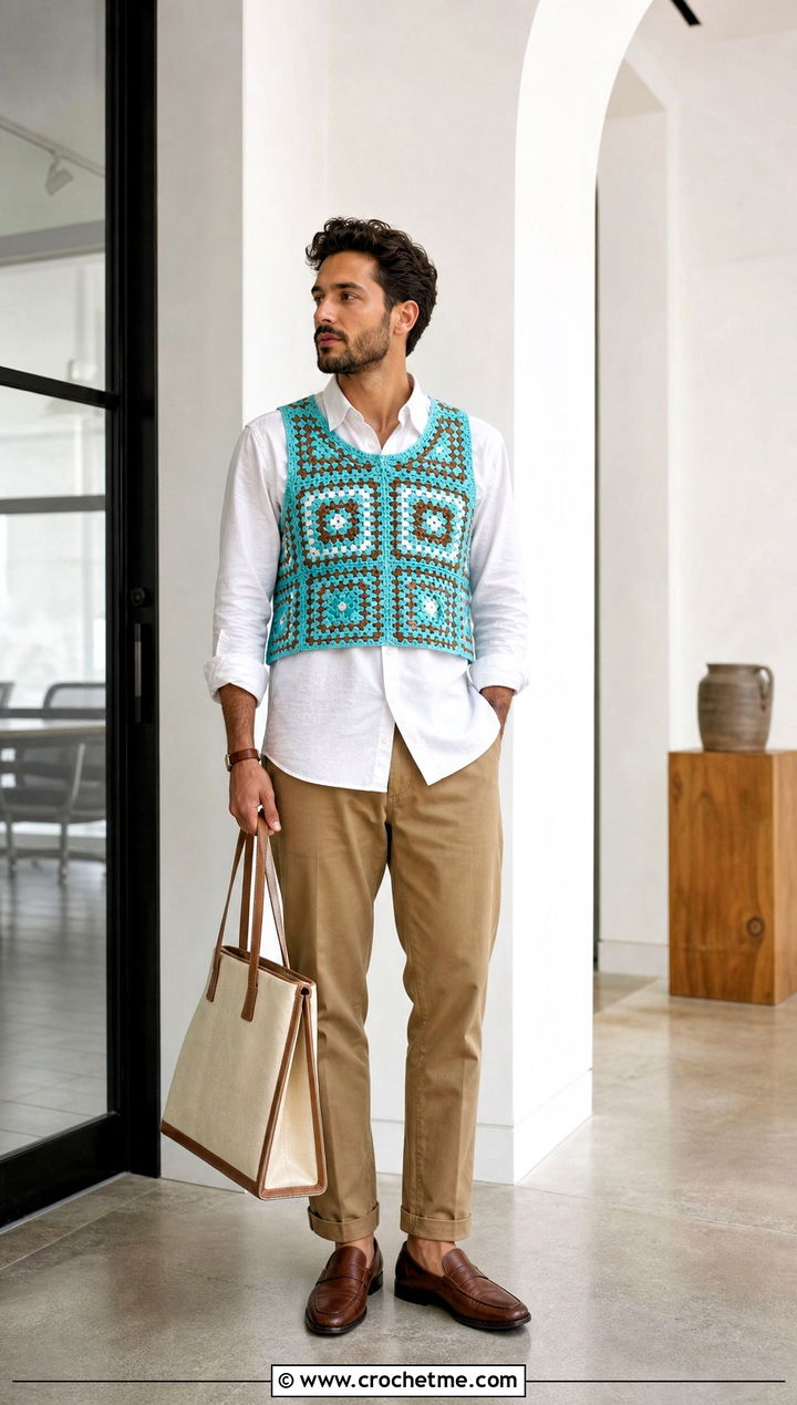 Crochet Vest Crop Top With White Shirt And Chinos - 25 Men Crochet Crop Top outfit ideas