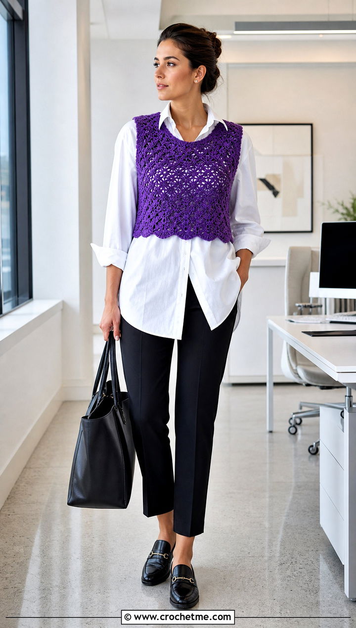 Crochet Vest Half Top With A Button Down Shirt - 35 crochet half top outfit ideas
