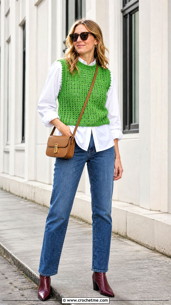 Crochet Vest Sleeveless Top With A White Shirt And Jeans - 35 crochet sleeveless top outfit ideas