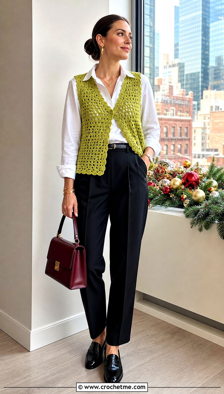 Crochet Vest Tailored Trousers Holiday Outfit - 30 crochet holiday outfit ideas