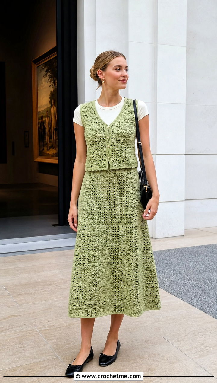 Crochet Vest Top And A Line Midi Skirt Set With Ballet Flats - 25 crochet top skirt set outfit ideas