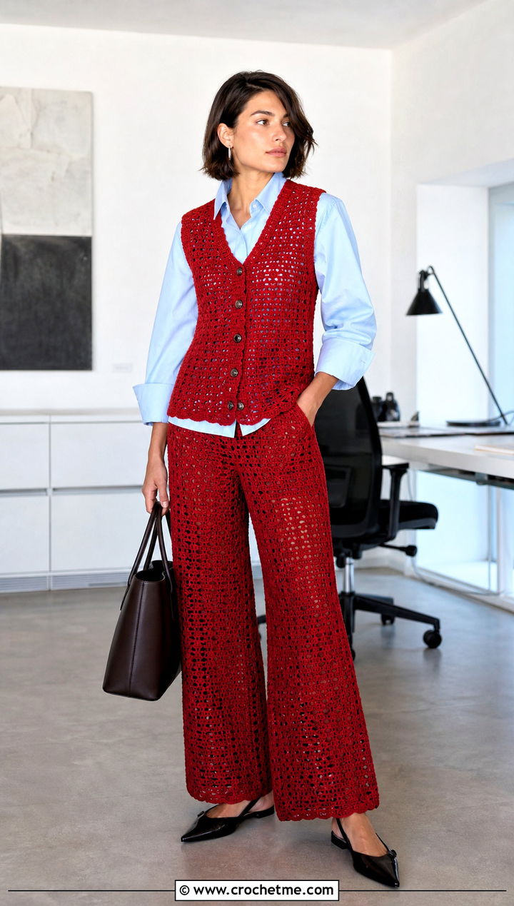 Crochet Vest Top And Wide Leg Pants Set - 30 crochet top and bottom set outfit ideas