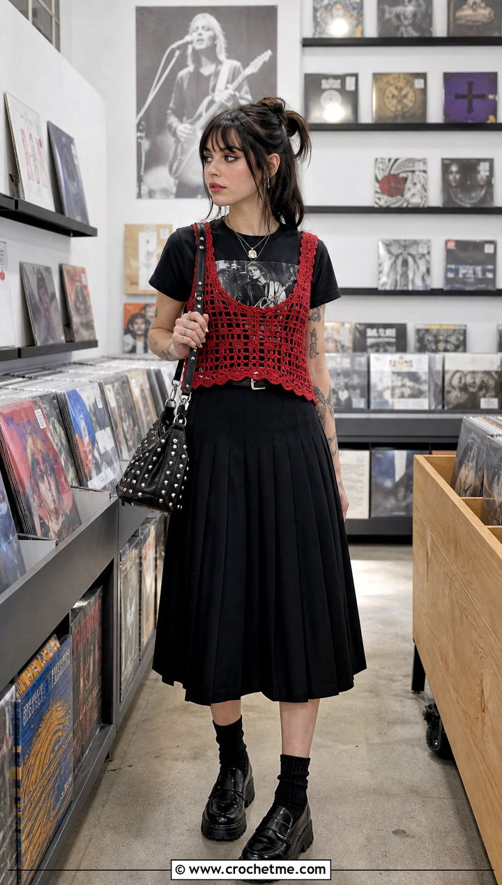 Crochet Vest Top Over A Band Tee - 25 emo crochet top outfit ideas