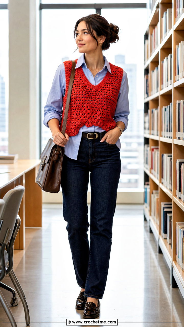 Crochet Vest Top Over A Button Down Shirt - 35 Basic Crochet Top outfit ideas