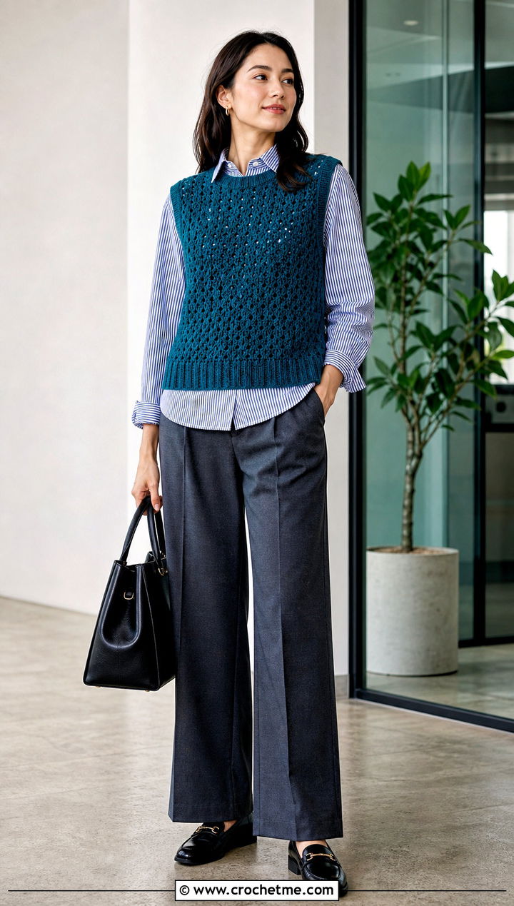 Crochet Vest Top Over A Striped Shirt - 30 Crochet Top Layering Outfit ideas