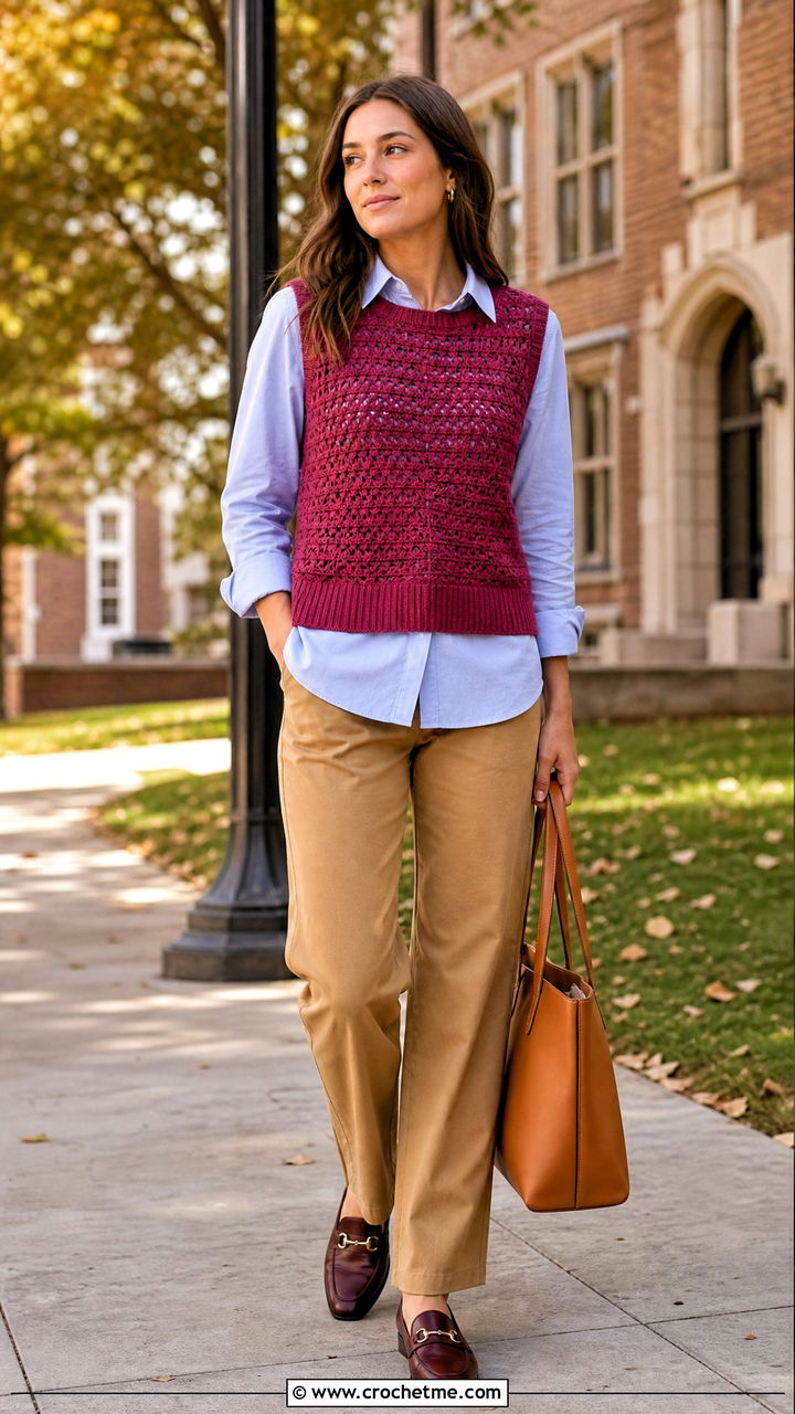 Crochet Vest Top Over Button Down Shirt - 35 crocheted tops outfit ideas