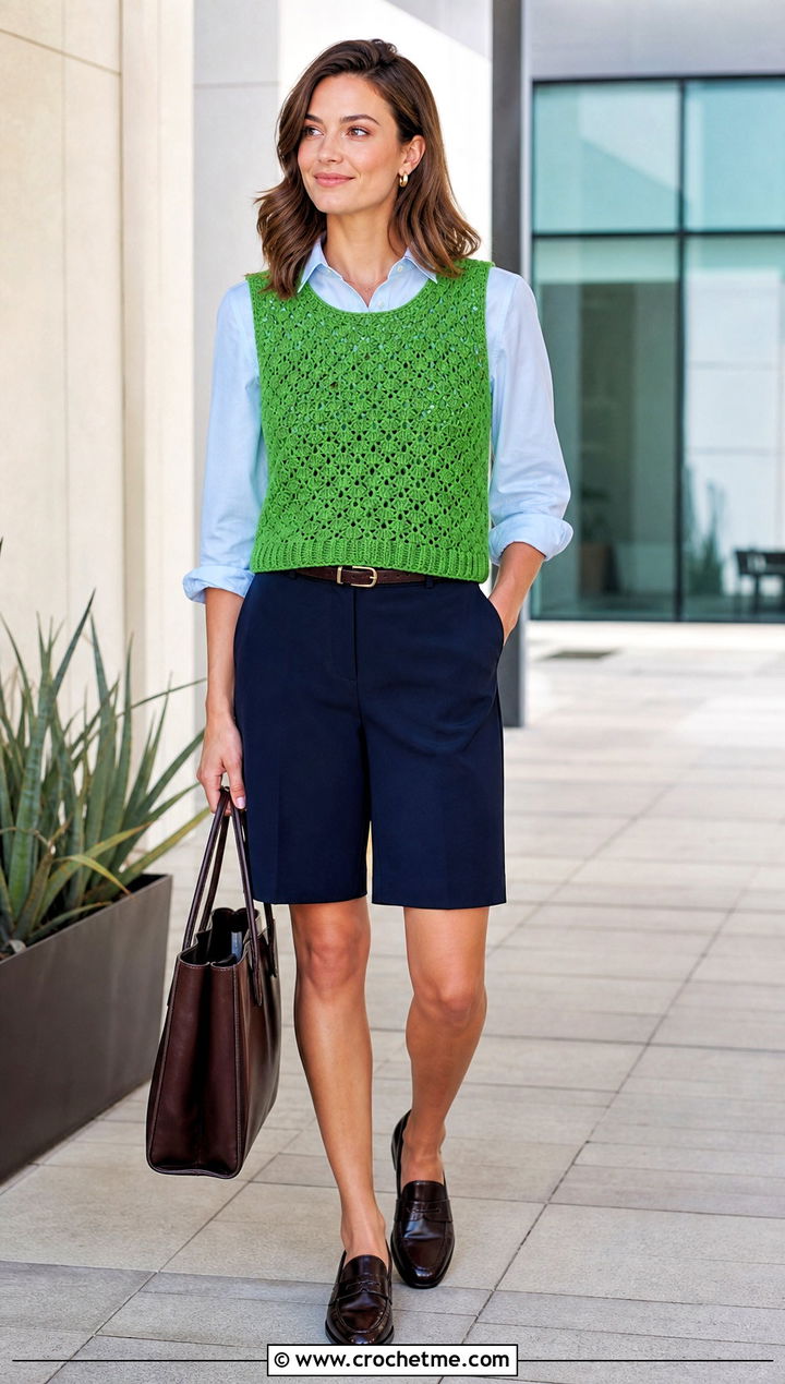 Crochet Vest Top Over Button Down With Bermuda Shorts - 25 Women's Crochet Tops outfit ideas