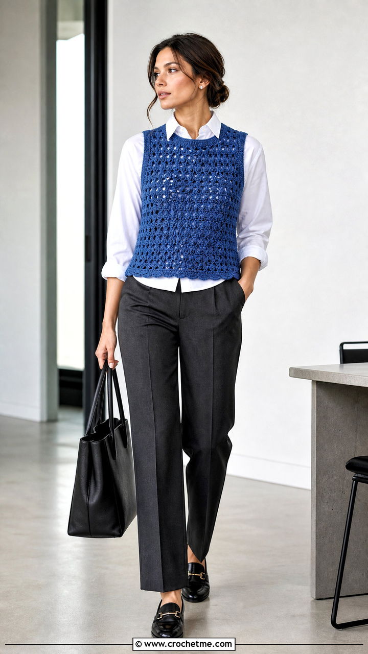 Crochet Vest Top Over a Poplin Shirt - 35 crochet tops ideas