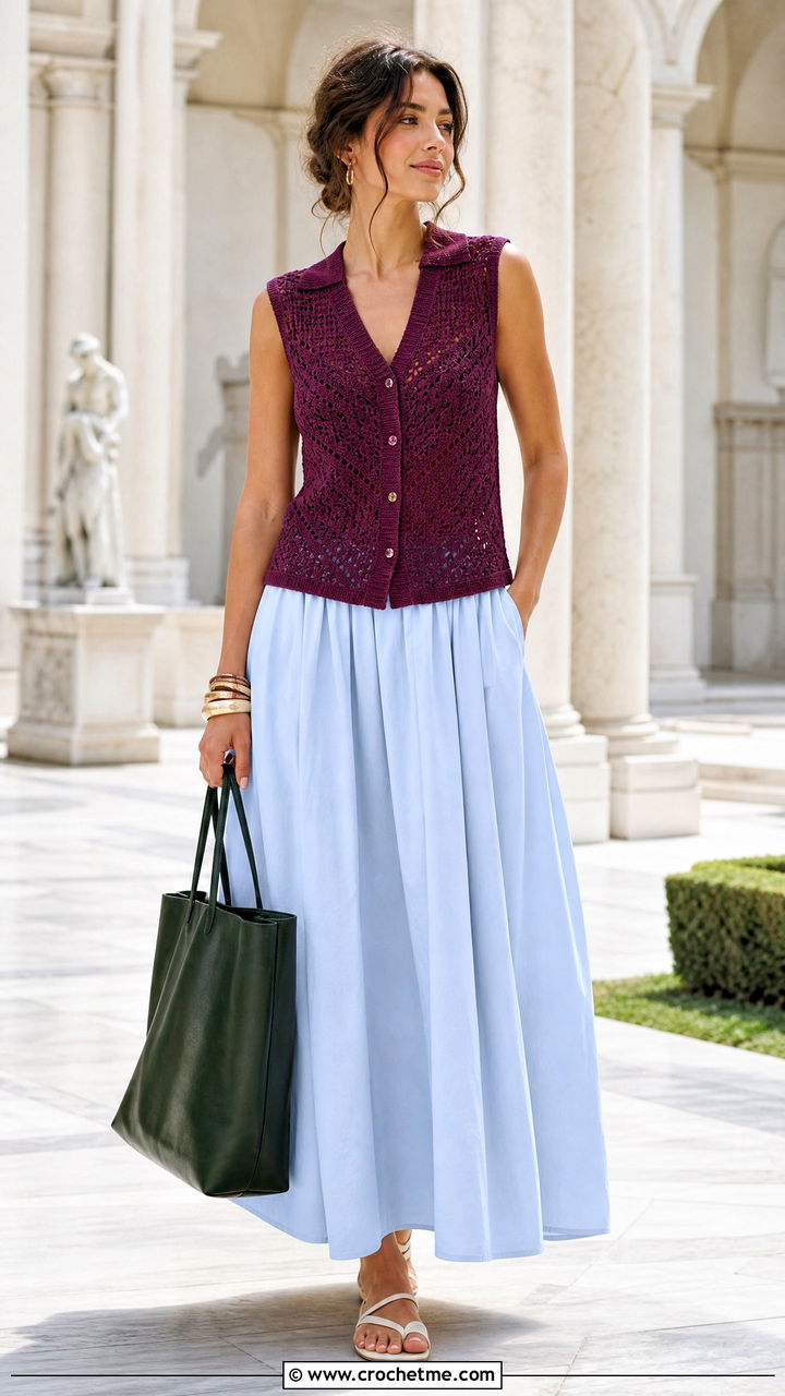 Crochet Vest Top With A Poplin Maxi Skirt - 35 crochet summer top outfit ideas