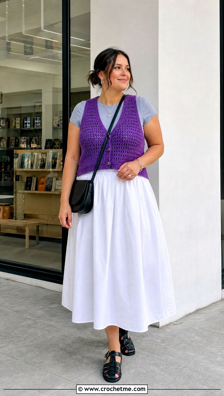 Crochet Vest Top With A Poplin Skirt - 35 aesthetic crochet summer tops outfit ideas