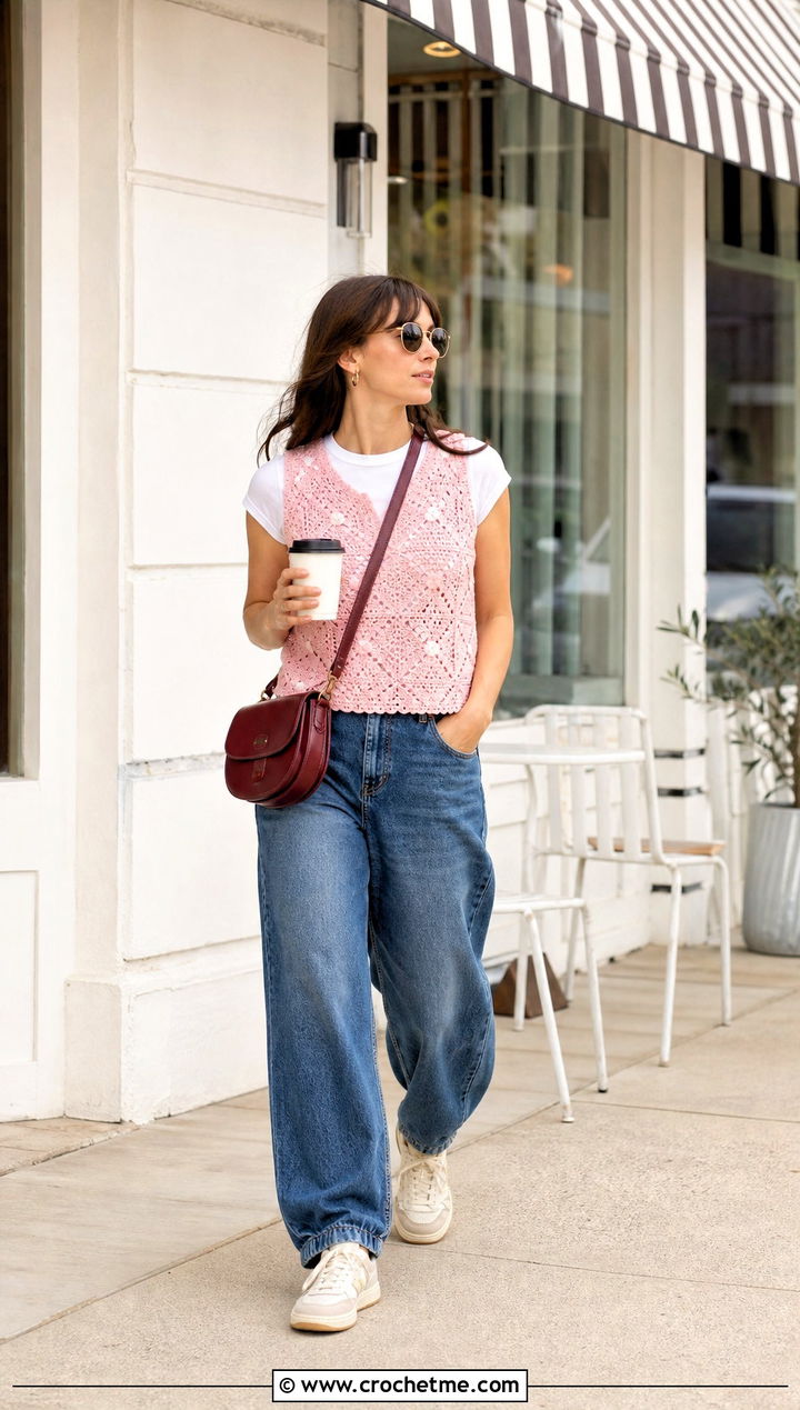 Crochet Vest Top With Barrel Jeans - 30 form crochet top outfit ideas