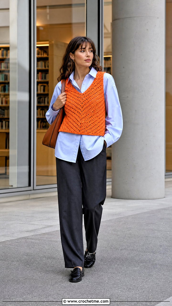 Crochet Vest Top With Button Down Shirt - 35 aesthetic crochet tops outfit ideas