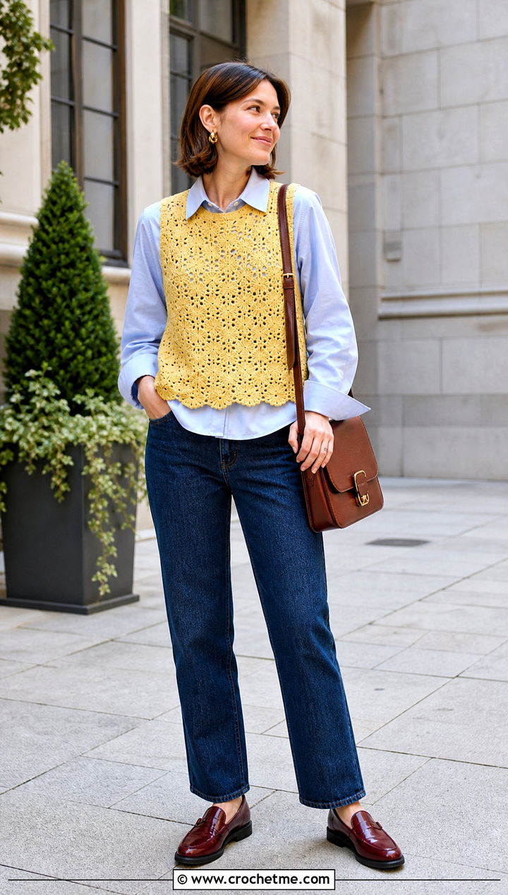 Crochet Vest Top With Button Down Shirt - 35 knitted crochet top outfit ideas