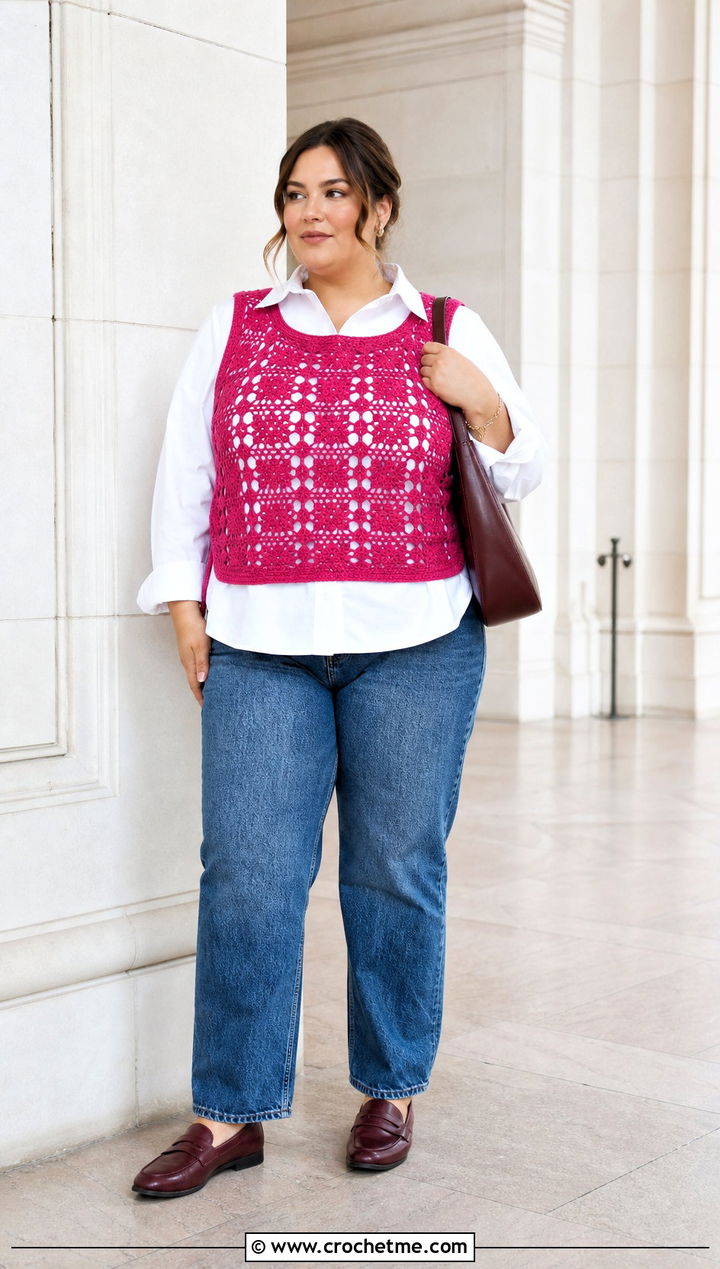 Crochet Vest Top With Button Down Shirt And Jeans - 35 plus size crochet top outfit ideas