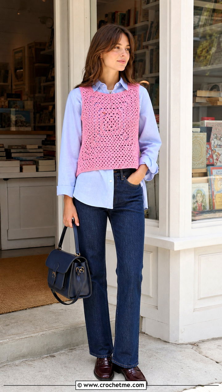 Crochet Vest Top With Button Down Shirt And Jeans - 25 designer crochet top outfit ideas