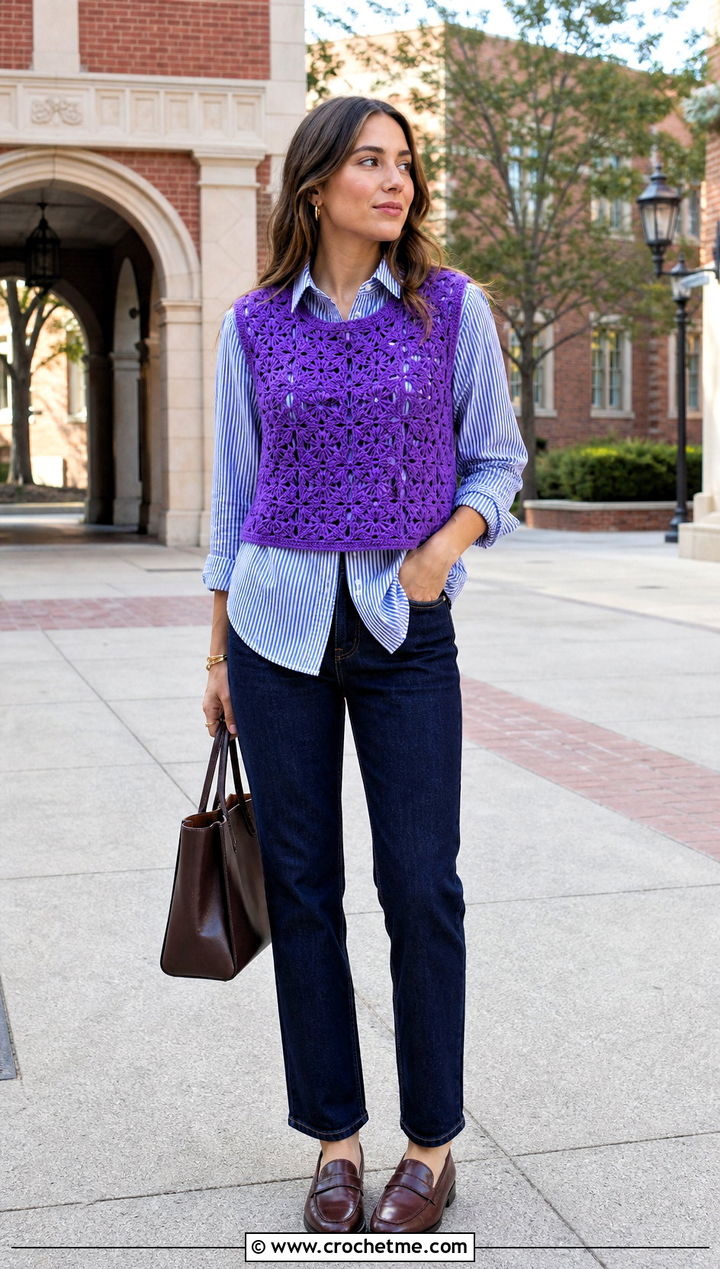 Crochet Vest Top With Button Down Shirt And Jeans - 25 freestyle crochet top outfit ideas
