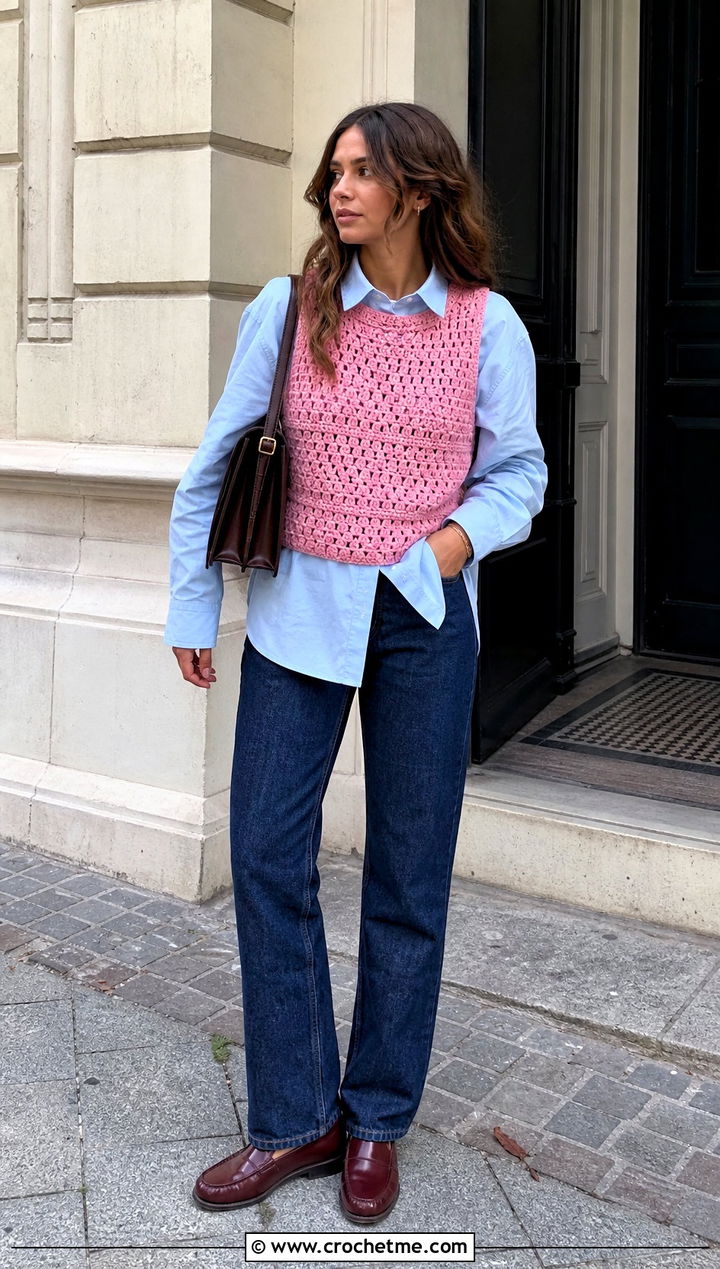 Crochet Vest Top With Button Down Shirt And Jeans - 15 rustic crochet top outfit ideas