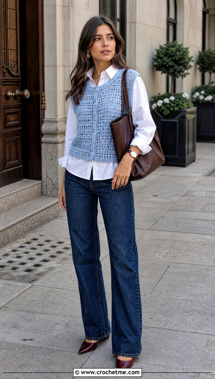 Crochet Vest Top With Button Down Shirt And Jeans - 20 Crochet Holey Top outfit ideas