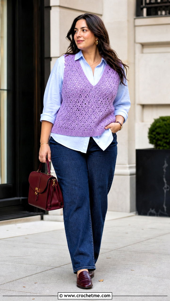 Crochet Vest Top With Button Down Shirt And Jeans - 30 big bust crochet tops outfit ideas