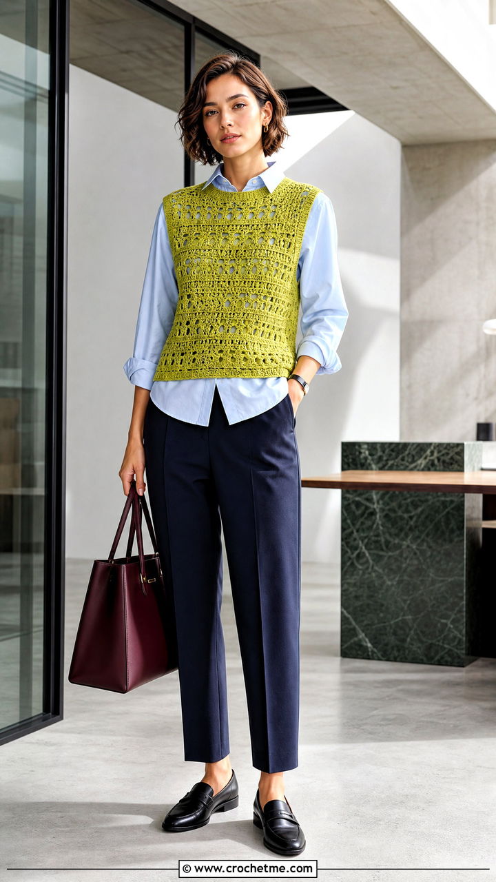 Crochet Vest Top With Button Down Shirt And Tailored Pants - 35 simple crochet tops outfit ideas