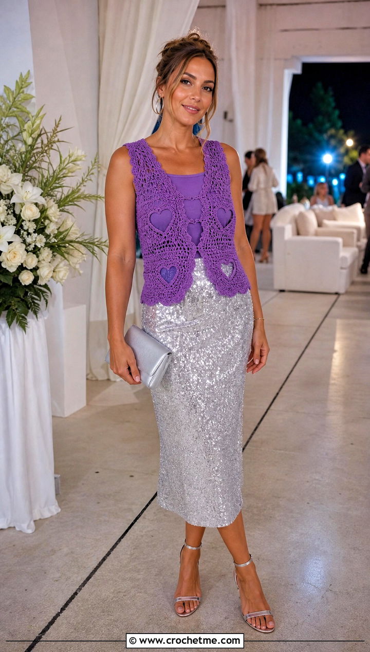 Crochet Vest Top With Heart Cutout And Sequin Skirt - 30 heart cutout crochet top outfit ideas