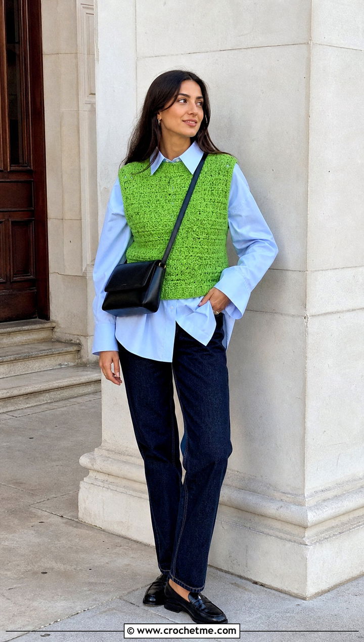 Crochet Vest Top With Oversized Shirt And Jeans - 20 Crochet Top For Spring outfit ideas