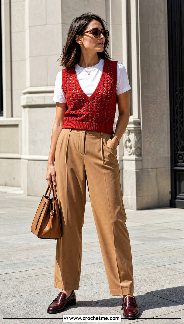 Crochet Vest Top With Pleated Trousers - 35 crochet spring tops outfit ideas