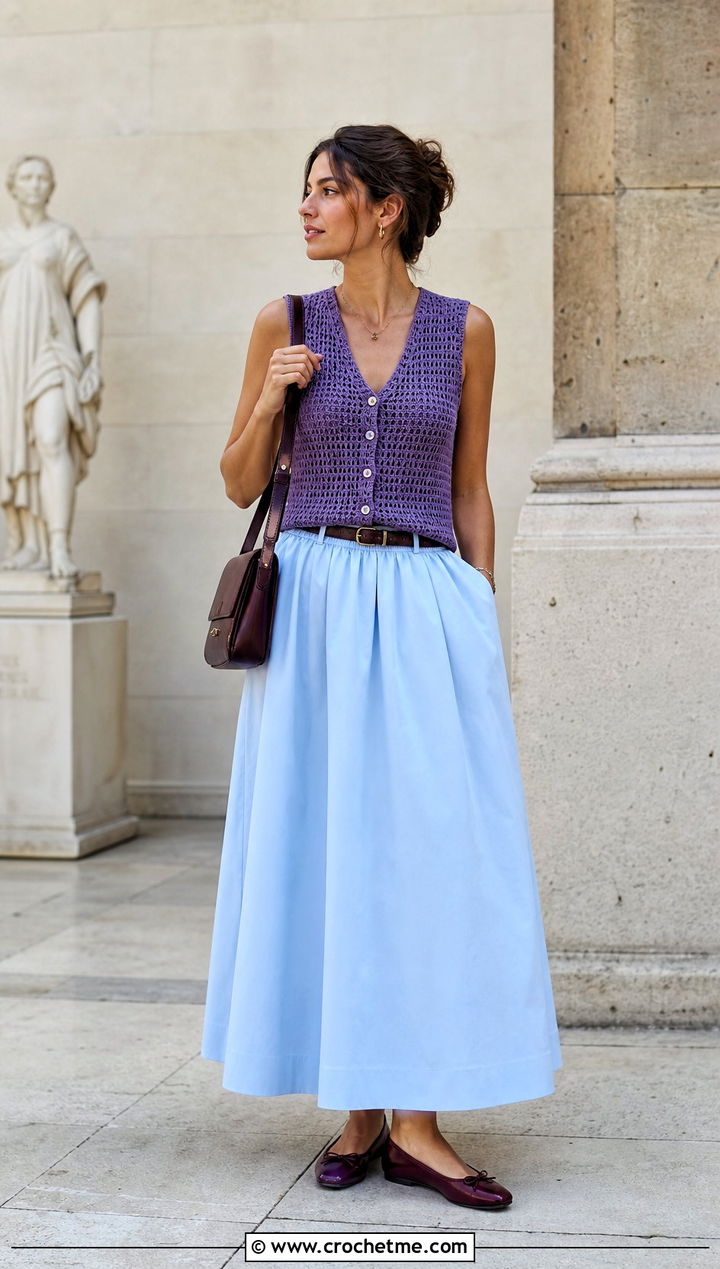 Crochet Vest Top With Poplin Maxi Skirt - 35 Crocheted Summer Tops outfit ideas