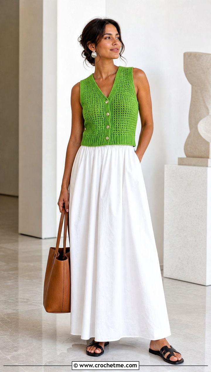 Crochet Vest Top With Poplin Maxi Skirt - 25 Boho Crochet Summer Tops outfit ideas