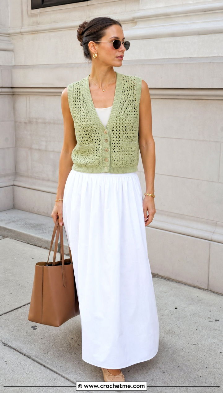 Crochet Vest Top With Poplin Maxi Skirt - 30 crochet top and long skirt outfit ideas
