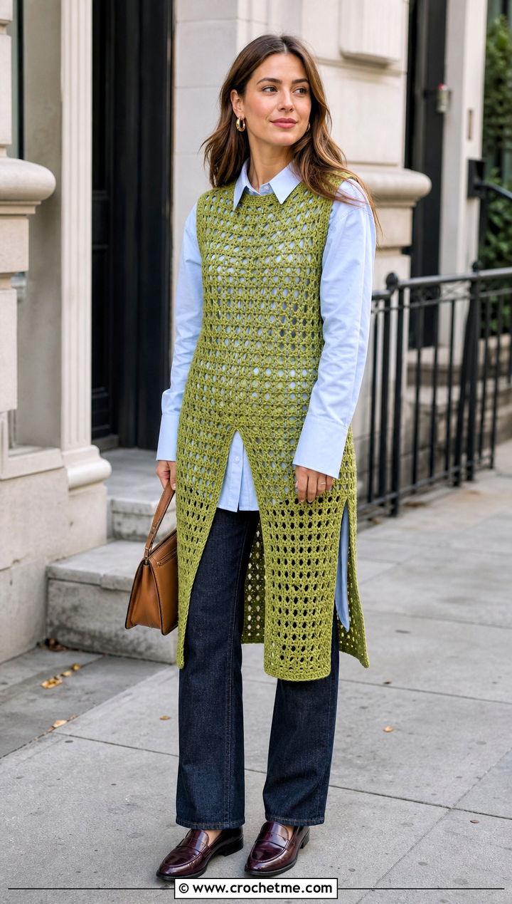 Crochet Vest Top With Poplin Shirt And Jeans - 25 crochet top not cropped outfit ideas