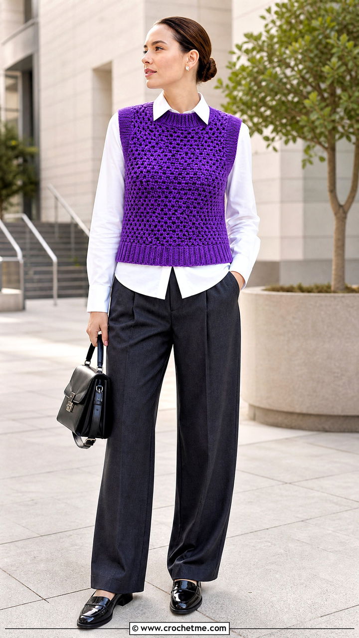 Crochet Vest Top With Poplin Shirt And Pleated Pants - 35 cute crochet tops outfit ideas