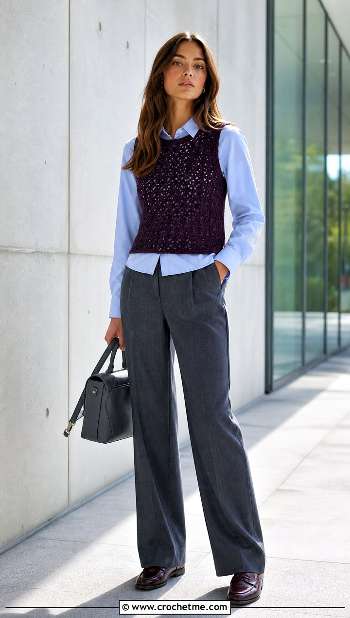 Crochet Vest Top With Poplin Shirt And Trousers - 15 Abercrombie Crochet Top outfit ideas