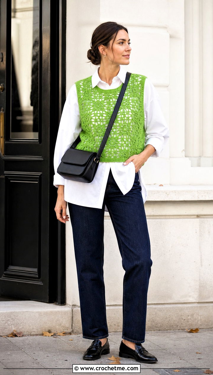 Crochet Vest Top With Poplin Shirt - 25 lightweight crochet top outfit ideas