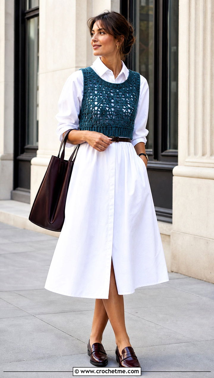 Crochet Vest Top With Shirt Dress - 25 Dresses With Crochet Top outfit ideas