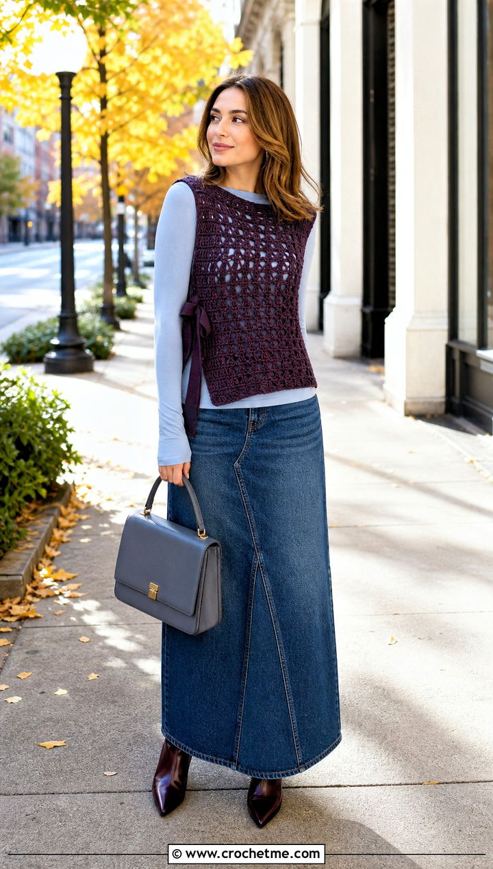 Crochet Vest Top With Side Bow And Denim Maxi Skirt - 15 crochet top with bow detail outfit ideas