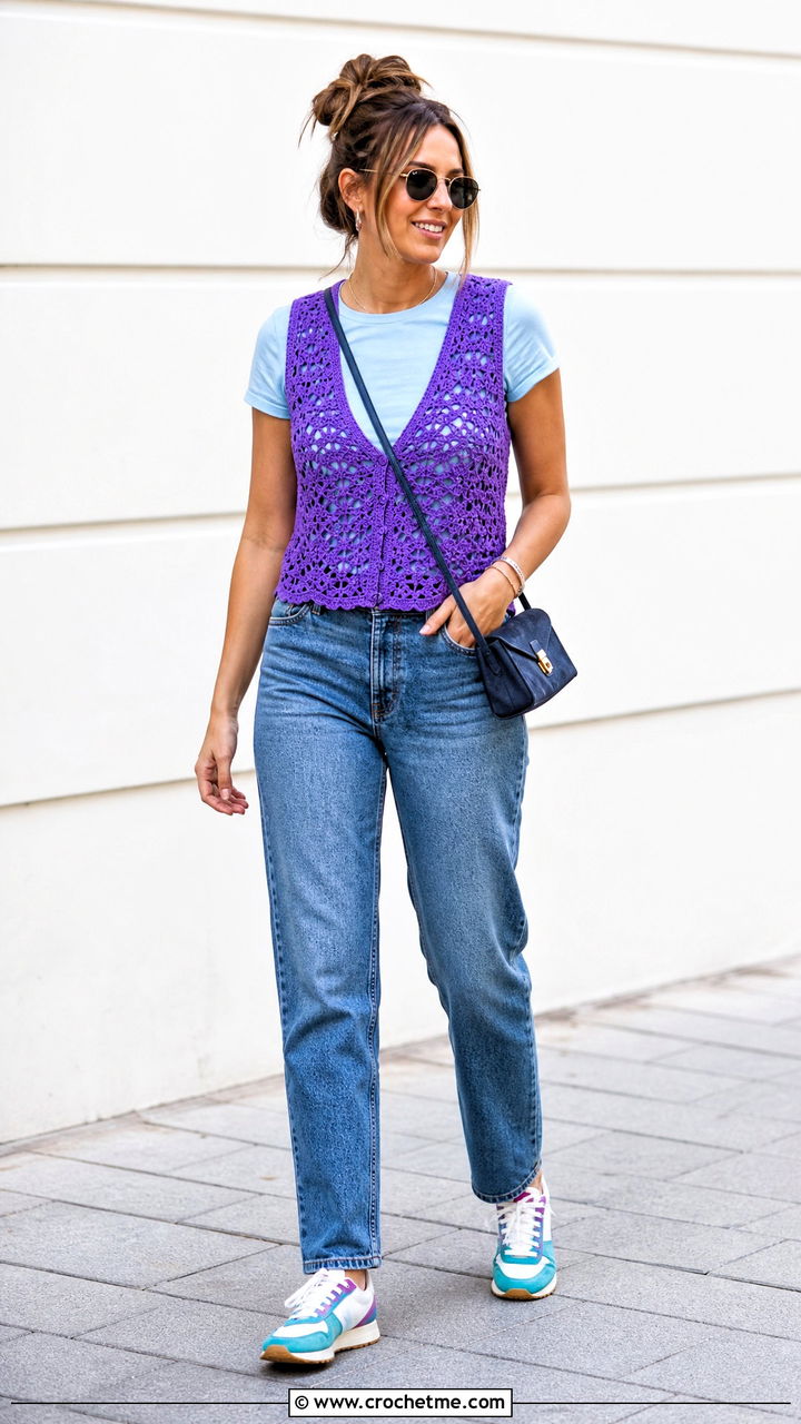 Crochet Vest Top With T Shirt And Straight Jeans - 35 summer crochet top outfit ideas
