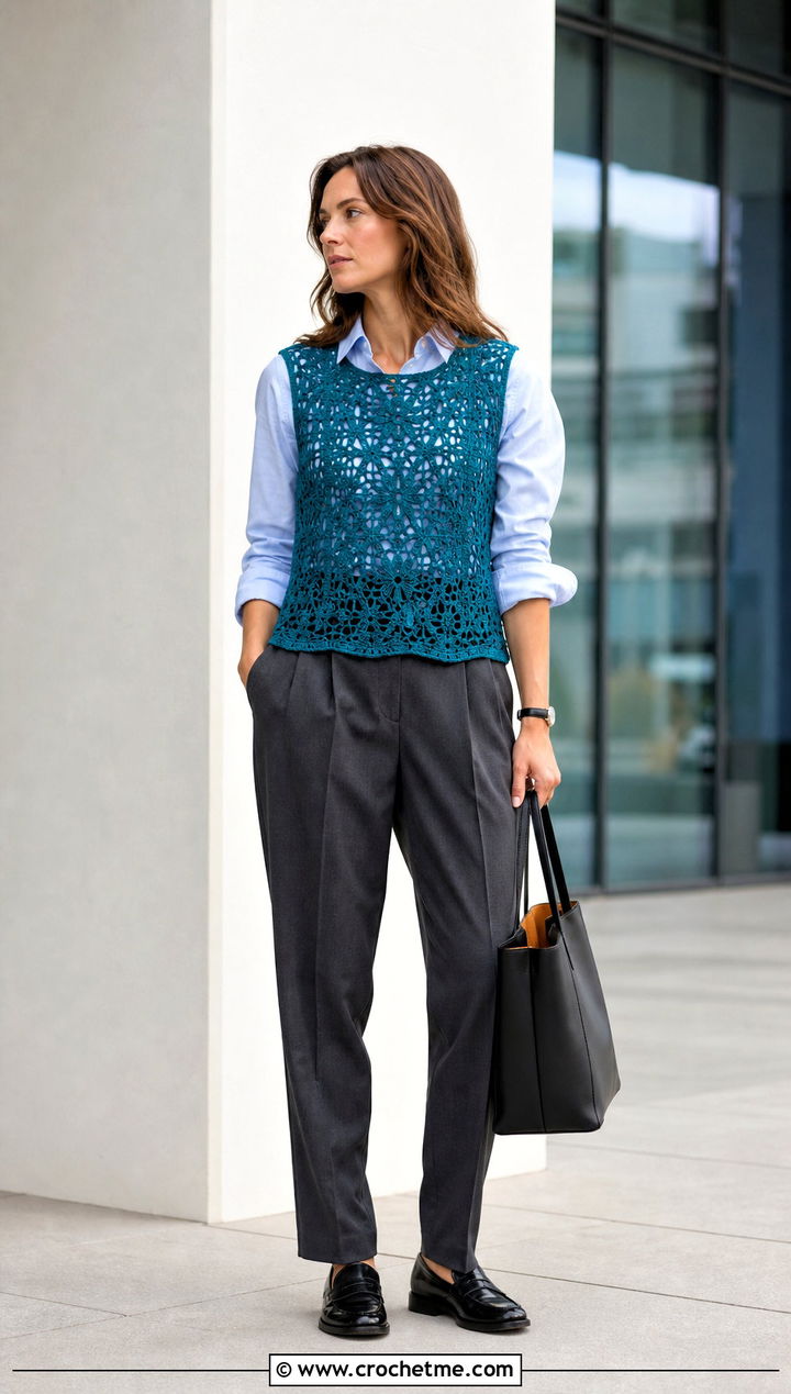 Crochet Vest Top With Tailored Trousers - 15 boho crochet tops for women outfit ideas