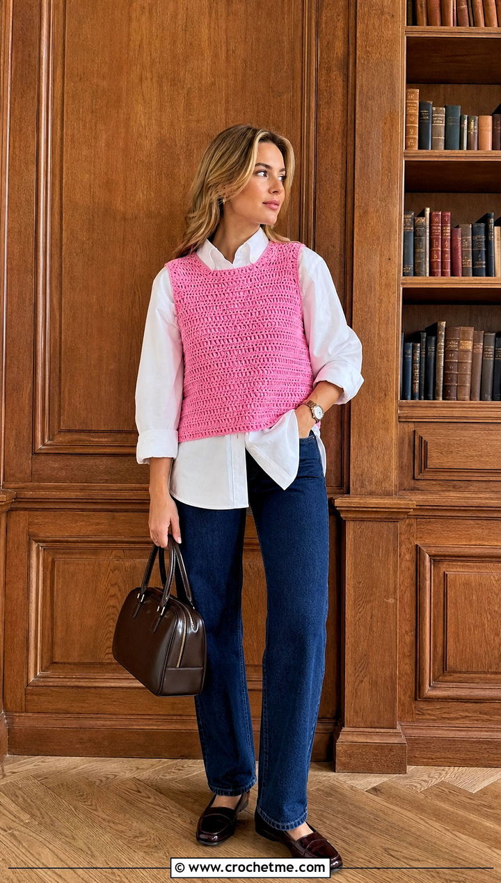 Crochet Vest Top With White Button Down Shirt - 15 pink crochet top on wooden background outfit ideas