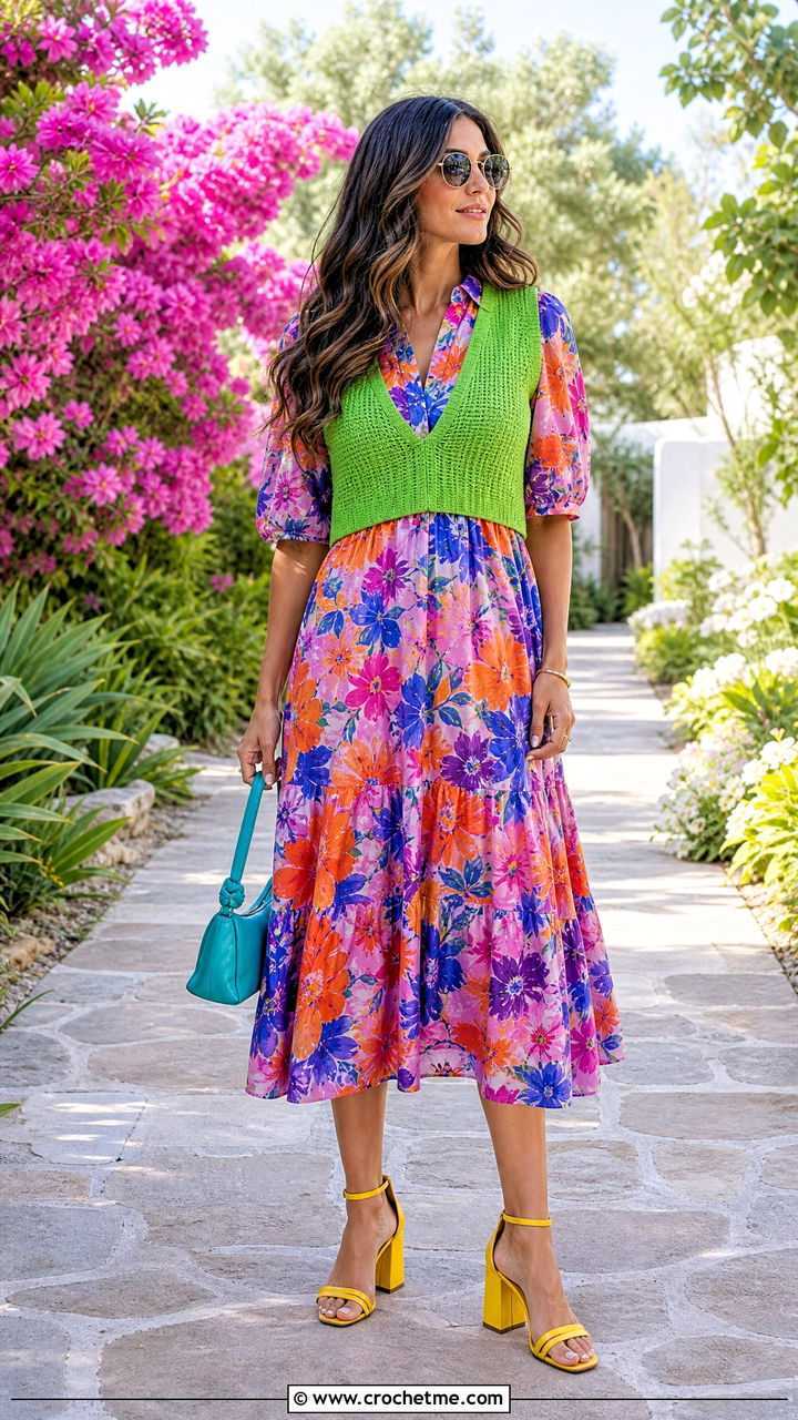 Crochet Vest With A Floral Midi Dress - 35 crochet vest outfit ideas